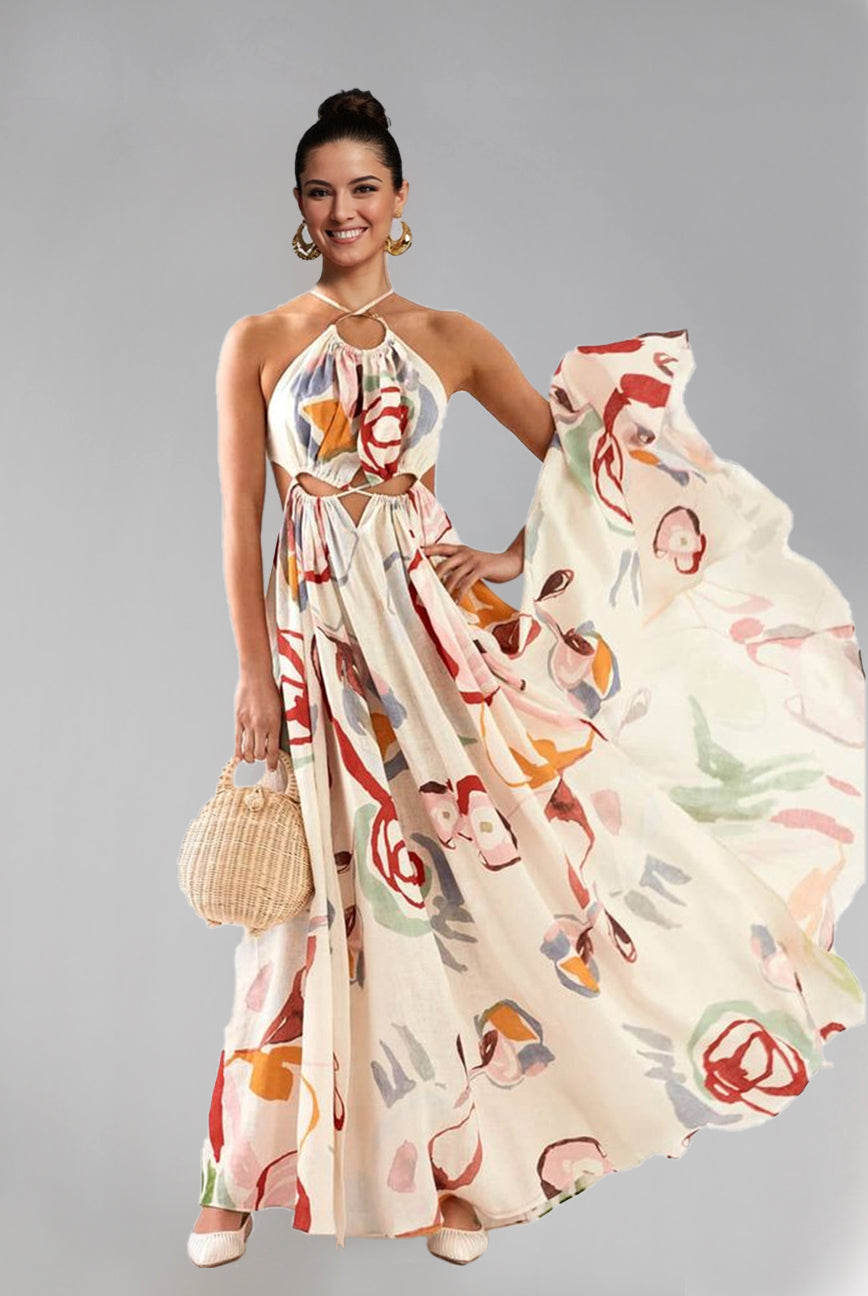 Women's Slim Fit Big Strap Stitching Printed Long Skirt Beach Jumpsuit