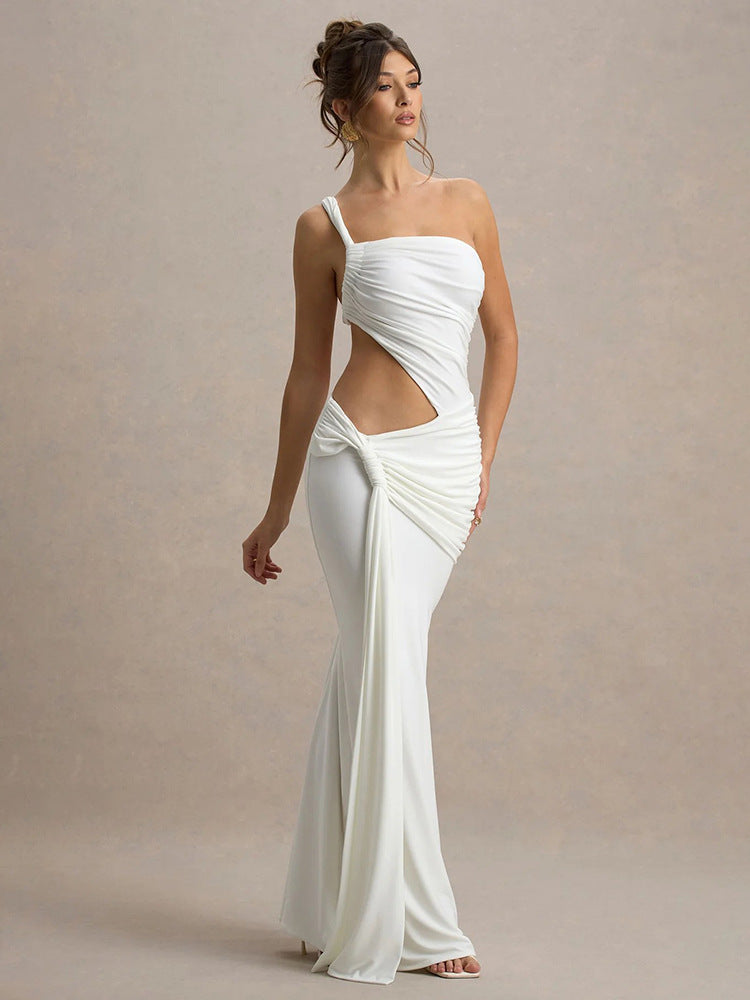 Solid Color Irregular Side Streamers Wear Pleated Dress