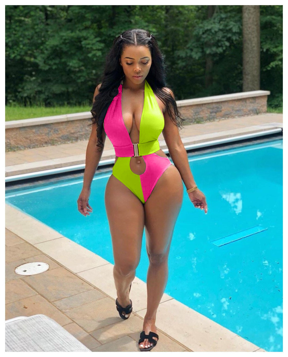 Fashion Patchwork Solid Color One Piece Swimsuit