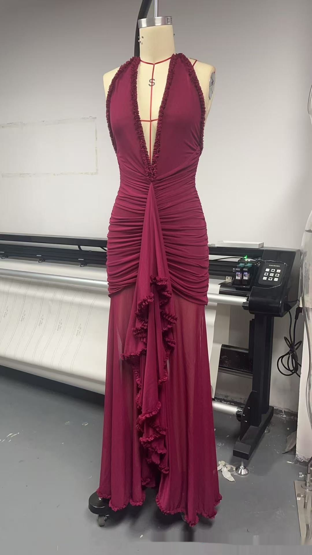 Wine Red Lace Deep V Sexy Dress Holiday Evening Dress
