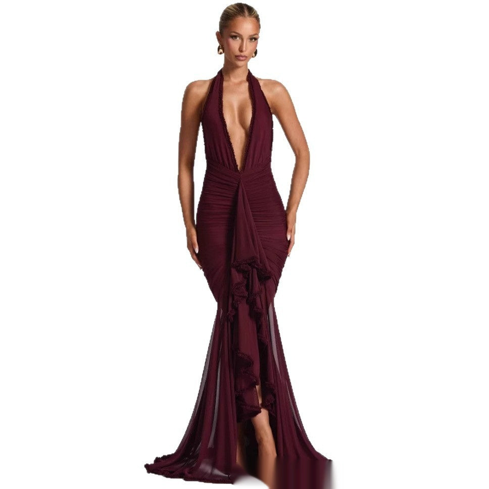 Wine Red Lace Deep V Sexy Dress Holiday Evening Dress