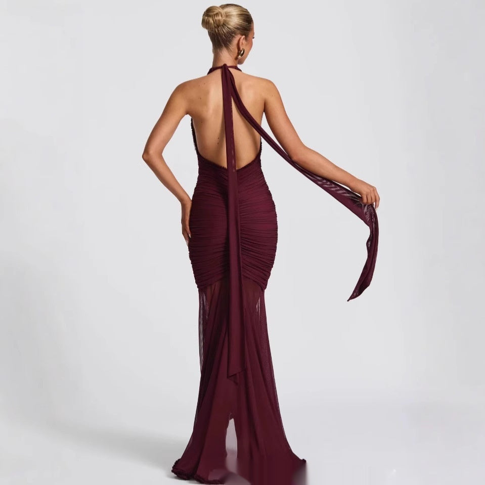 Wine Red Lace Deep V Sexy Dress Holiday Evening Dress
