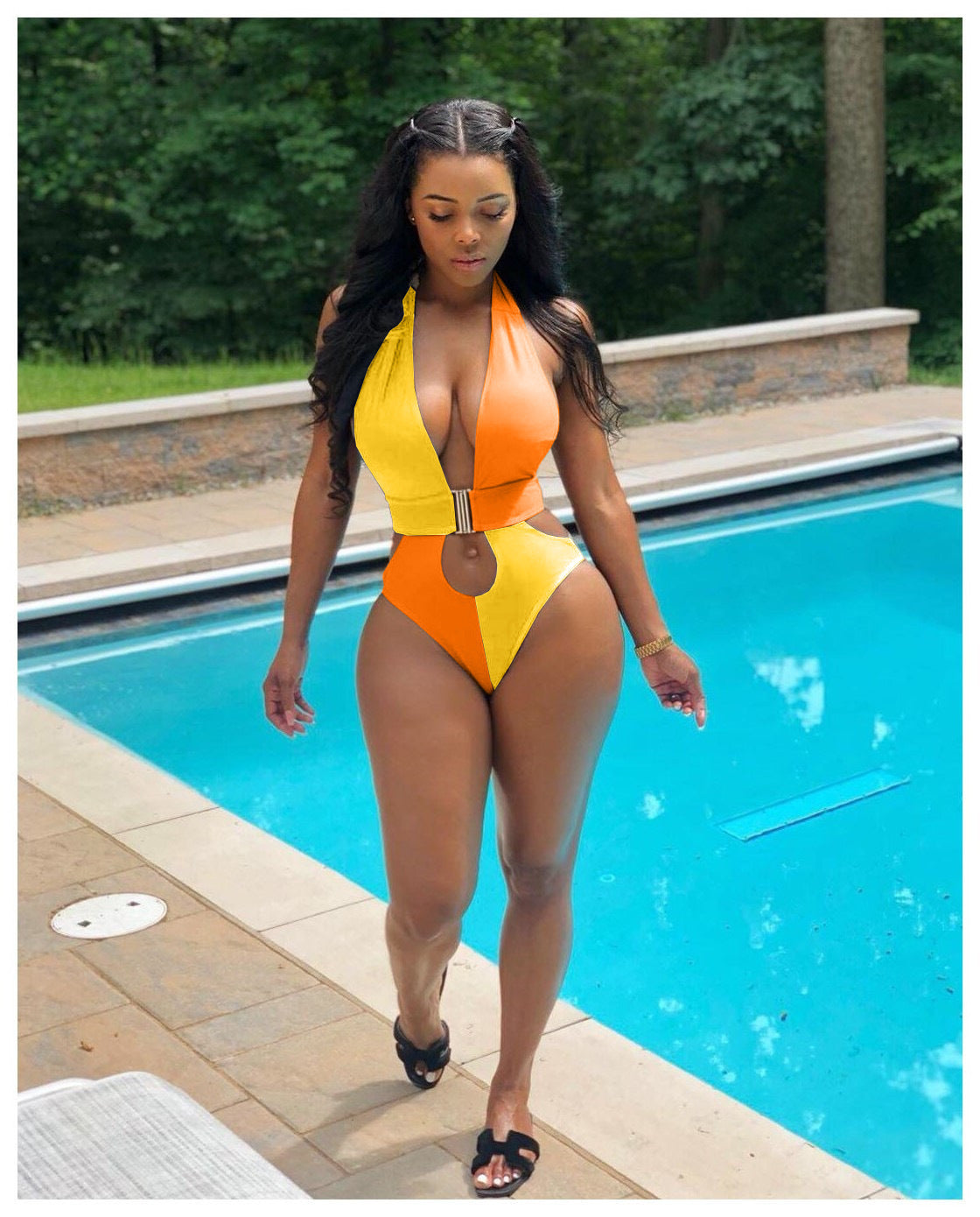 Fashion Patchwork Solid Color One Piece Swimsuit