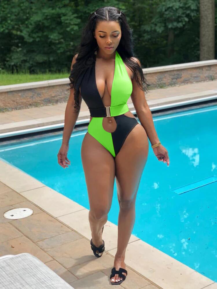 Fashion Patchwork Solid Color One Piece Swimsuit