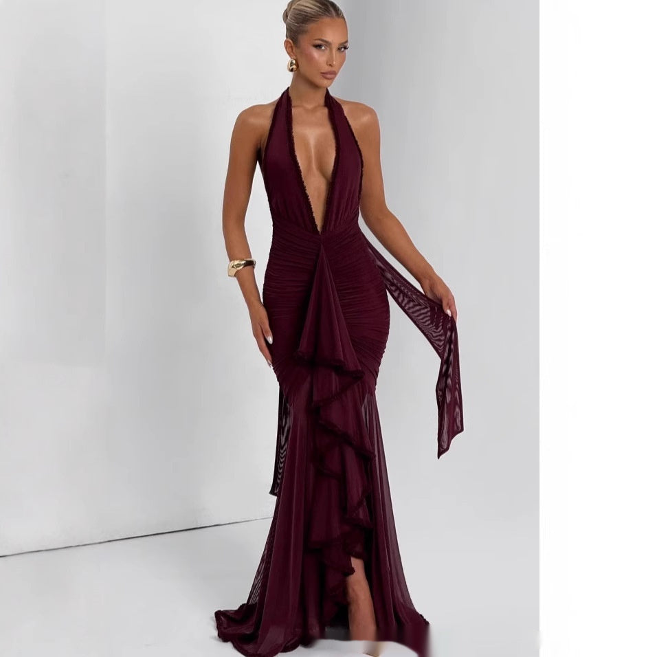 Wine Red Lace Deep V Sexy Dress Holiday Evening Dress