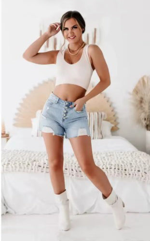 Washed Hole Raw Edge Denim Shorts