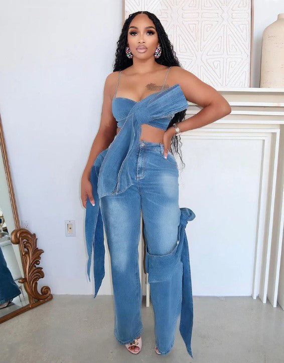 Sexy Camisole Tube Top Denim Trousers Suit