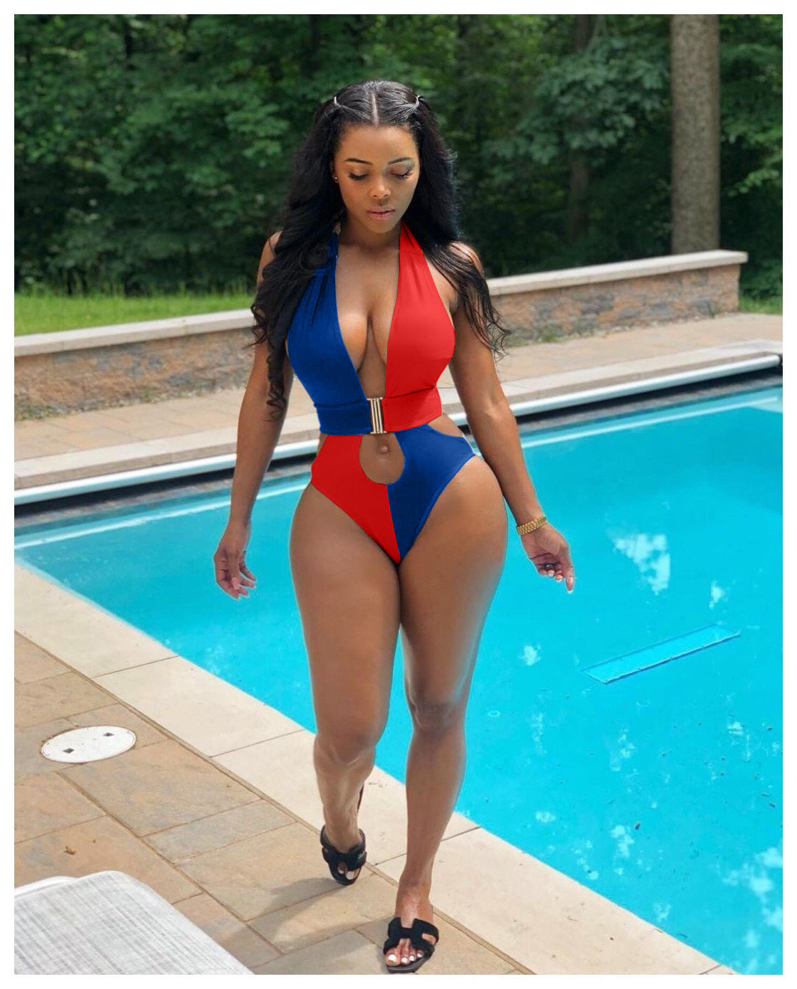 Fashion Patchwork Solid Color One Piece Swimsuit