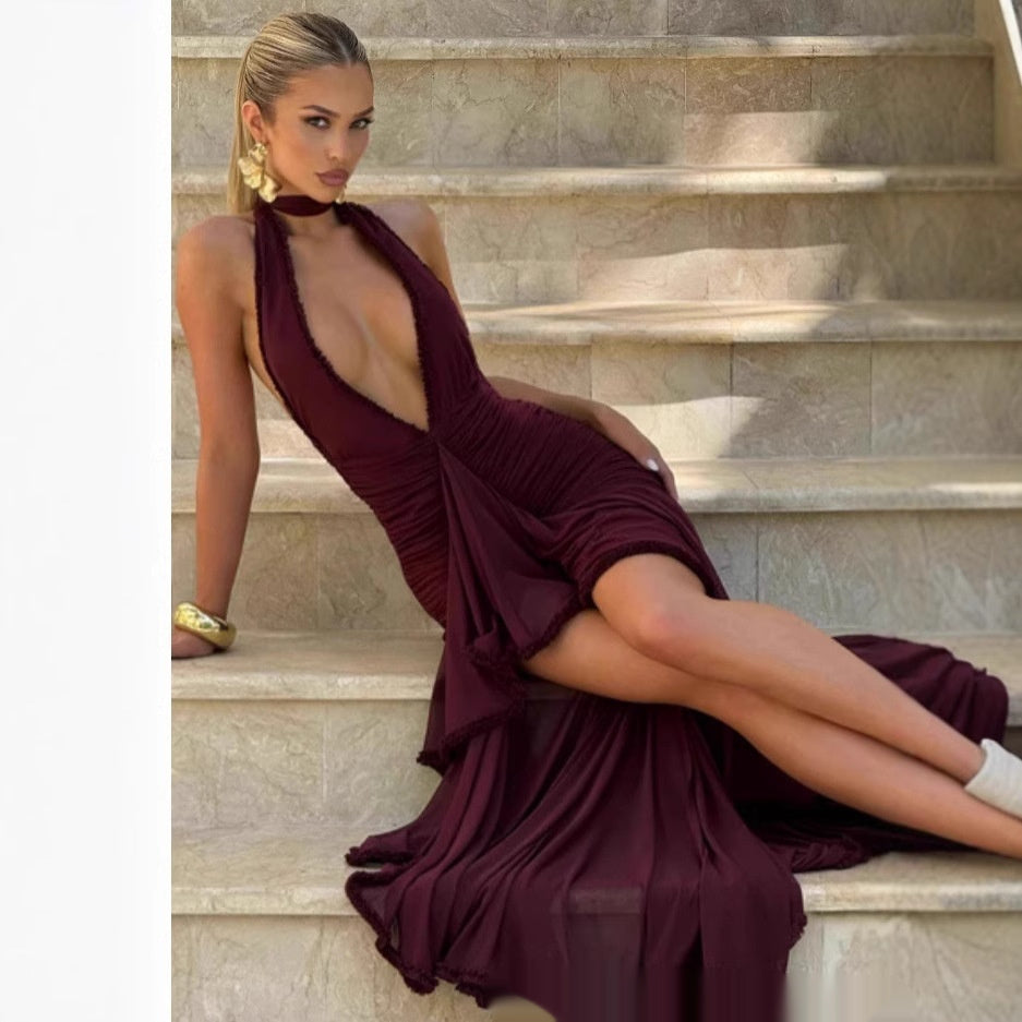 Wine Red Lace Deep V Sexy Dress Holiday Evening Dress
