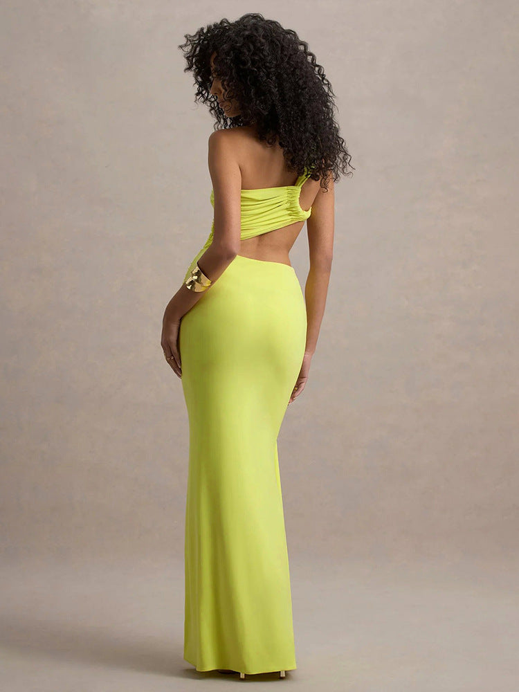 Solid Color Irregular Side Streamers Wear Pleated Dress