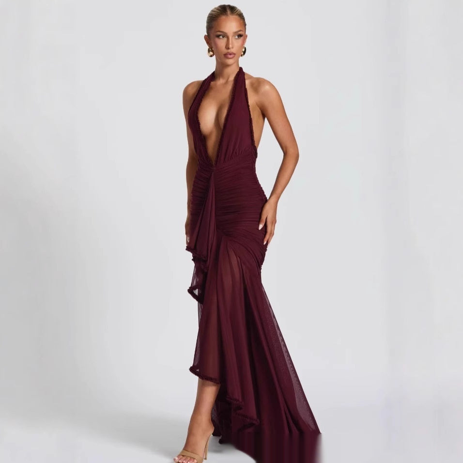 Wine Red Lace Deep V Sexy Dress Holiday Evening Dress